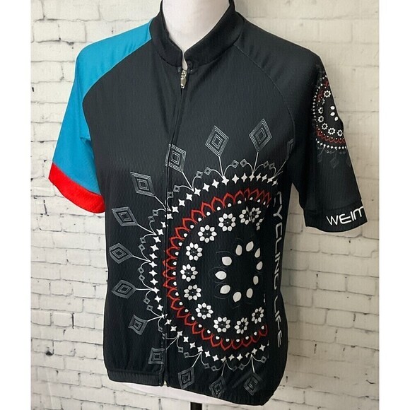 Weimostar Womens Blue Black Floral Cycling Jersey Full Zip Back Pouch Size L R1 - Picture 2 of 10